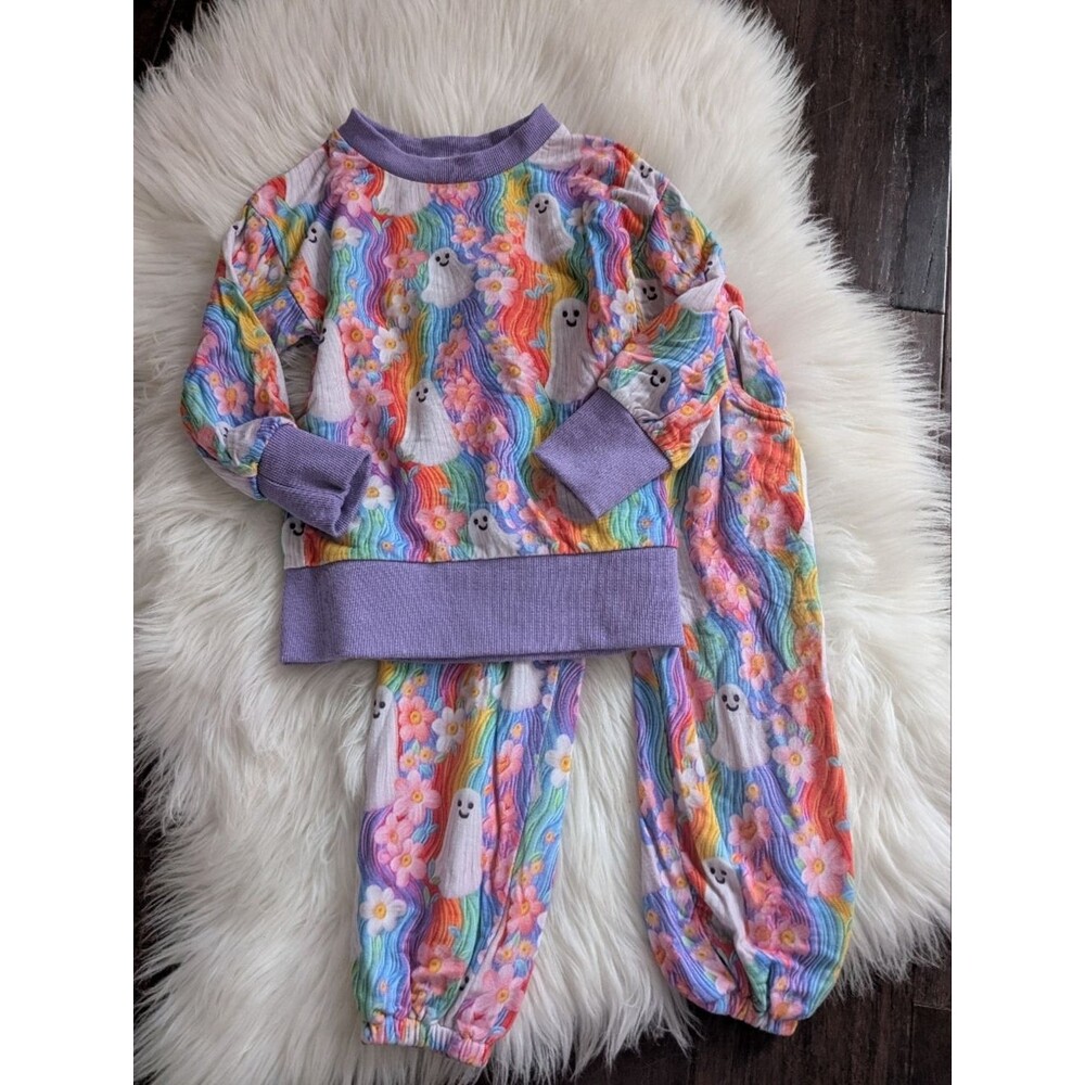 Velveteen By Bunny Knots Rainbow Ghost Floral Jogger Set Size 2T Halloween Boo